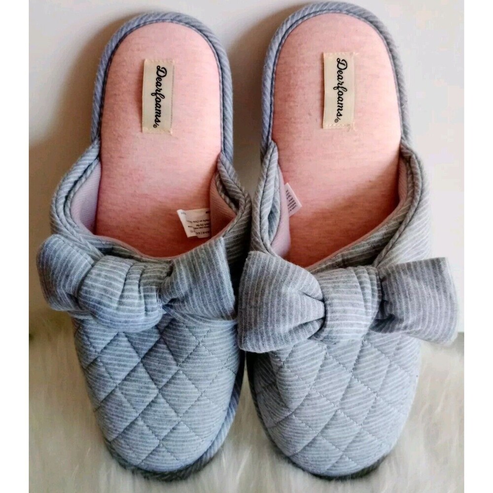Dearfoams Bow Quilted Gray/White Striped House Slippers Sz 11/12 GUC